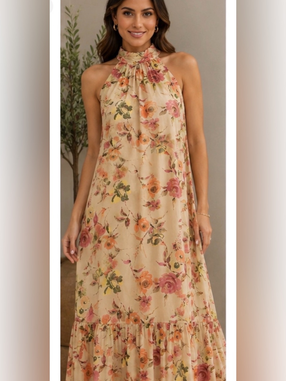 TAYLOR FLORAL HALTER SLEEVELESS MAXI DRESS CREAM PINK AND GREEN SIZE 6 NWT